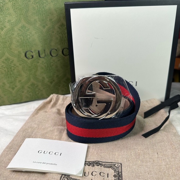 Gucci cherryline Navy and Red Stripe Belt with Silver Buckle - Picture 1 of 3